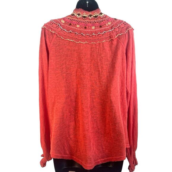 FREE‎ PEOPLE Siesta Fiesta Embroidered Boho Top oversized S/P coral red - Picture 3 of 6